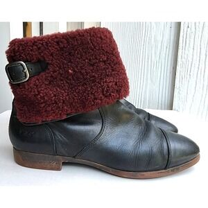 UGG Australia Sz 9 Black Leather Inez Shearling Cuff Ankle Boots 1005674 Moto